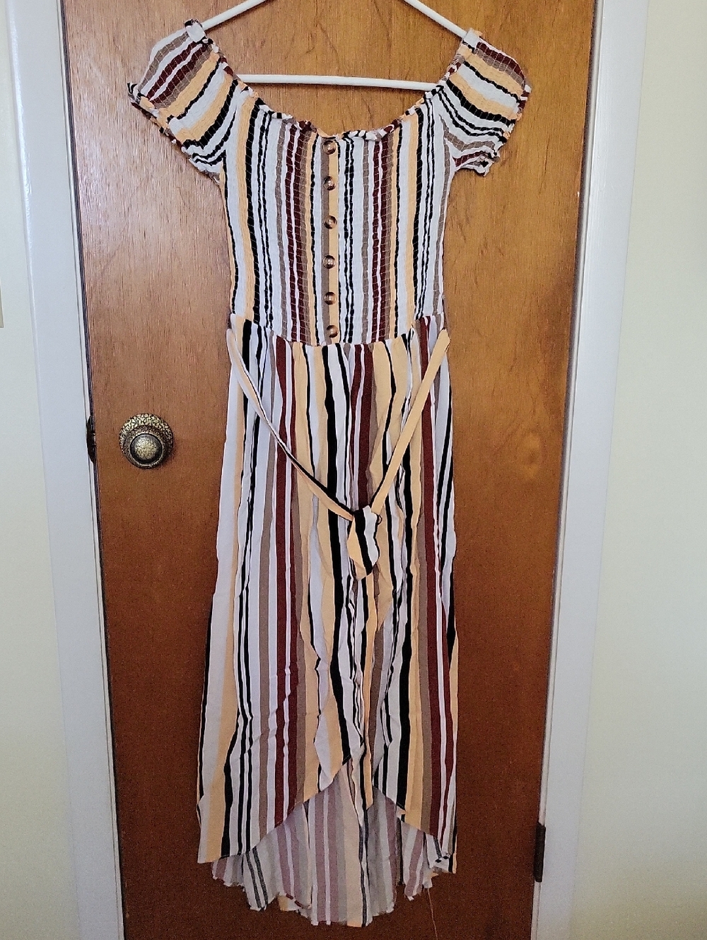 Justify Striped High-Low Dress in Cream, Brown, Black